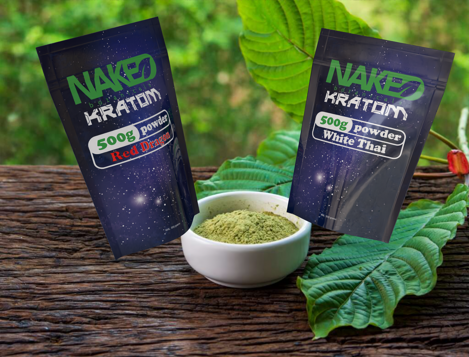 Naked Kratom powder bags with kratom leaf and ground powder bowl – Red Dragon and White Thai kratom strains by Naked Botanicals