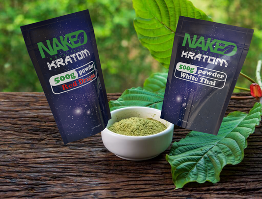 Naked Kratom powder bags with kratom leaf and ground powder bowl – Red Dragon and White Thai kratom strains by Naked Botanicals